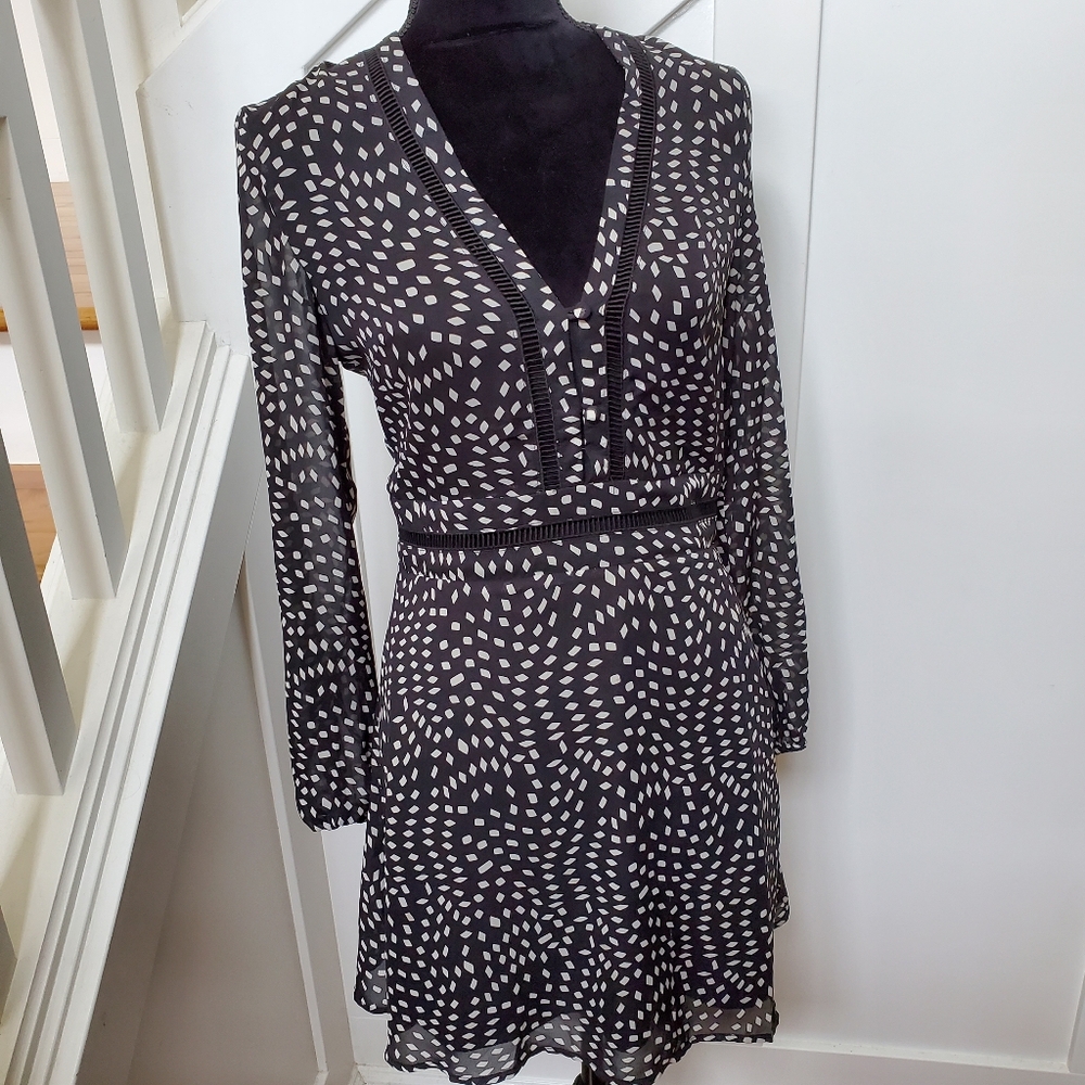 Black and White Geometric Polka Dot Sheer V-neck Long Sleeve Lost In Lunar Dress